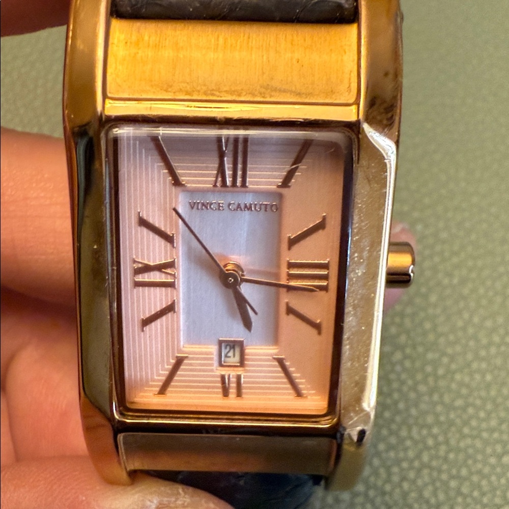 Vince Camuto Gold Rectangular Watch with Black Strap
